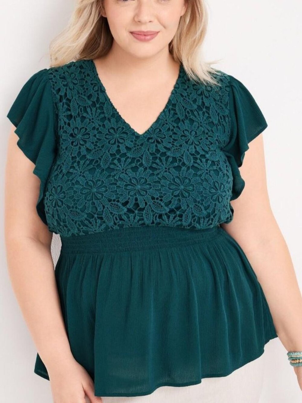 Maurices Teal Floral Crochet V-Neck Peplum Flutter sleeve top in 4x